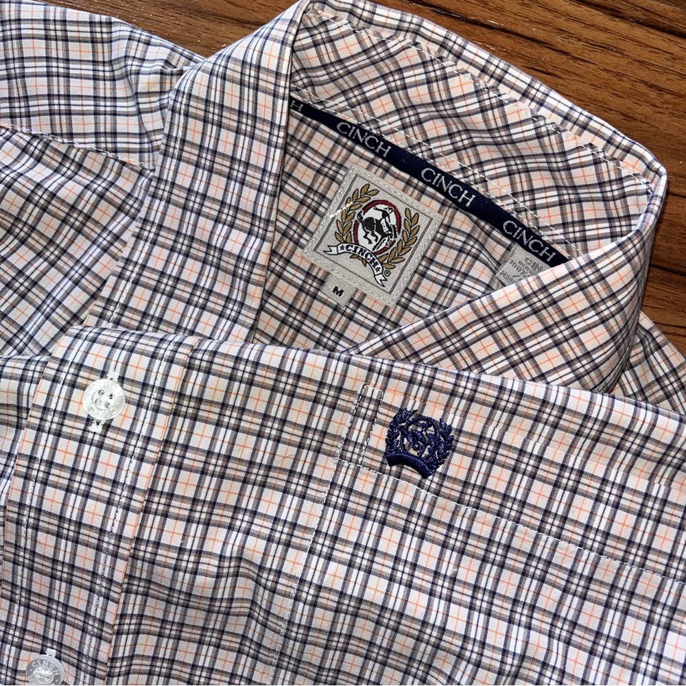 Cinch Shirt Mens Size Medium Navy Orange Plaid Western Button Down Cowboy